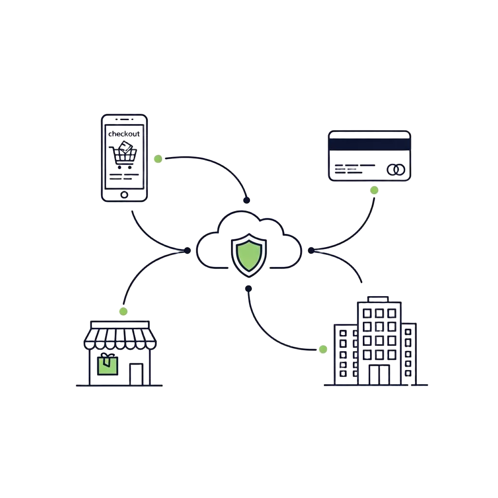 Ilustração de embedded insurance conectando celular, cartão, loja e empresa via API
