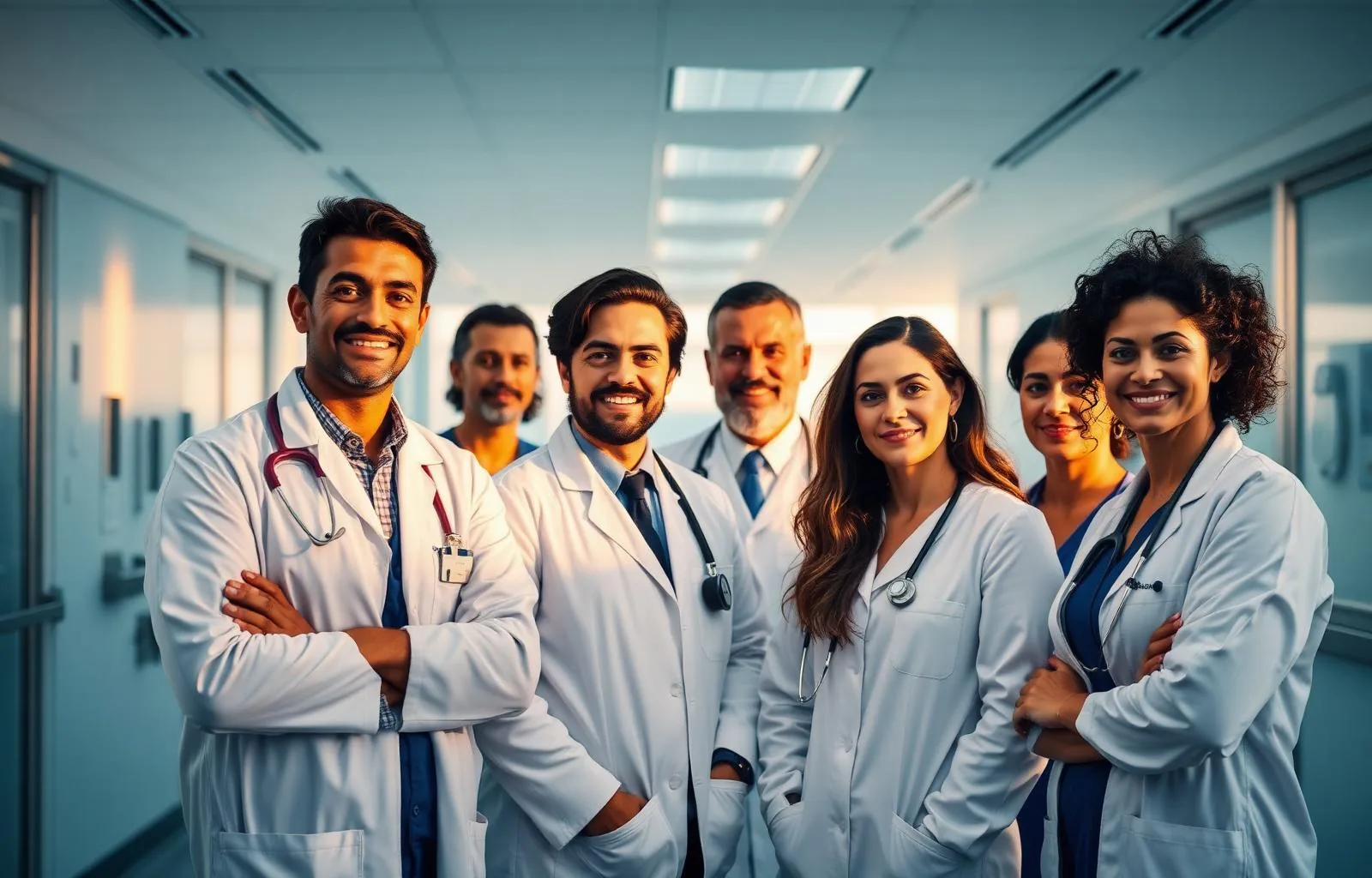 Equipe médica e profissionais cuidando da saúde corporativa