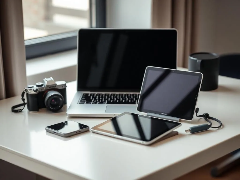 Notebook, tablet e câmera sobre mesa