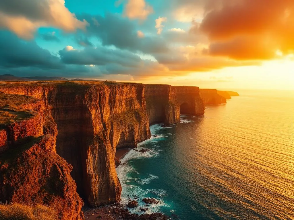 Paisagem de falésias costeiras ao pôr do sol representando Seguro Viagem